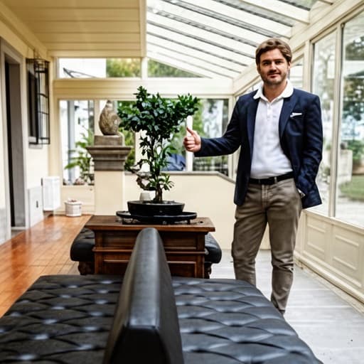 Uomo elegante in giardino d'inverno, circondato da piante verdi e luce naturale, atmosfera accogliente e rilassante.